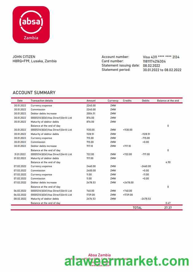 Zambia Absa bank statement